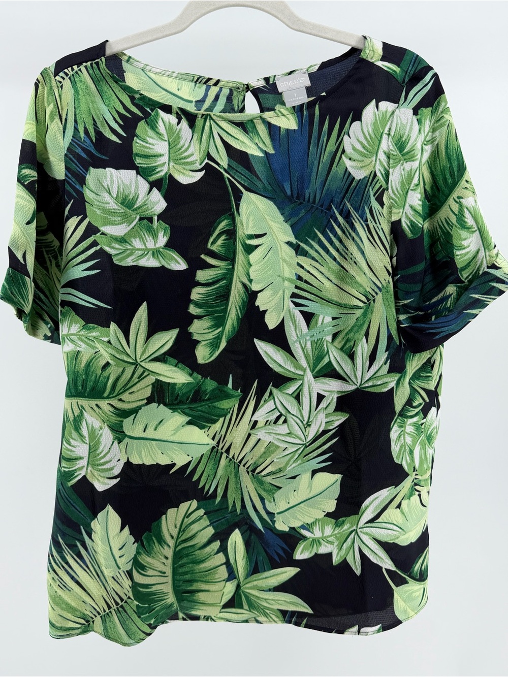Chico's Black Green Tropical Palm Print Short Sleeve Blouse Top, Women's Medium